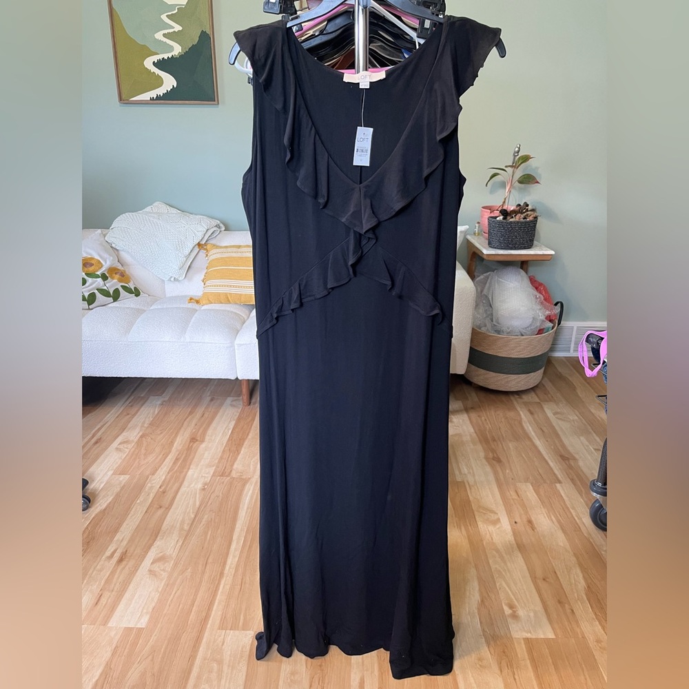 LOFT Black Ruffle V-Neck Maxi Dress with Tiered Detail